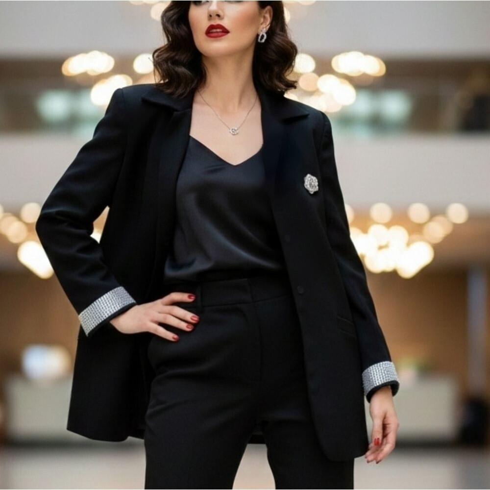 Evan-Picone Black Evening Blazer with Statement Cuffs & Rose Brooch